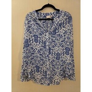 Zac & Rachel Women's Size Medium  Blue Floral Button Up Roll Tab Sleeve Top